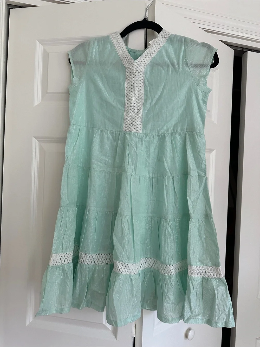 Masala Baby Mint Green Tiered Dress with White Lace Accents